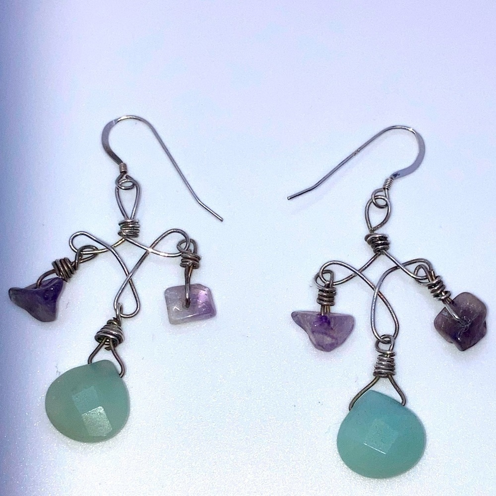 Vtg Sterling Silver Amethyst & Chalcedony Twisted Wire Earrings 2.2”